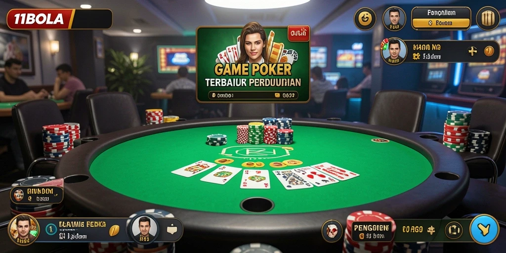 Tampilan gameplay menarik di aplikasi 11BOLA dengan suasana Poker yang mendebarkan.