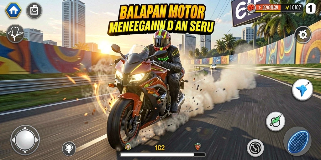 Tampilan gameplay 6CF saat balapan motor di trek yang menantang.