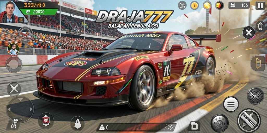 Screenshot gameplay DRAJA777 menampilkan balapan mobil yang intens.