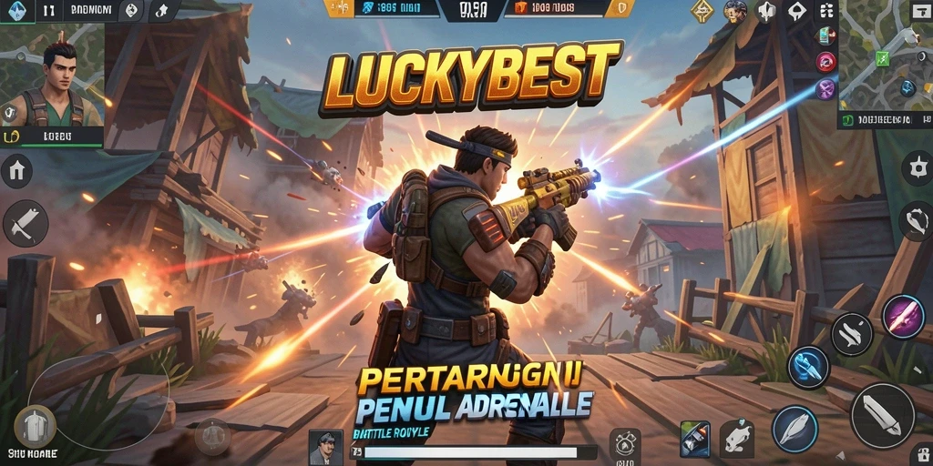 Tangkapan layar utama LUCKYBEST menunjukkan aksi seru dalam Battle Royale.