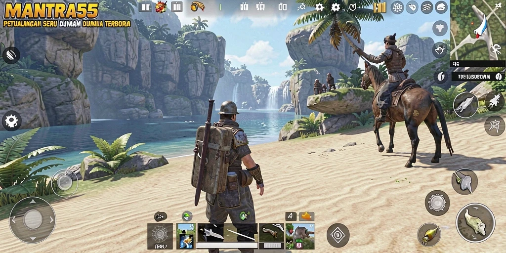 Screenshot gameplay <strong>MANTRA55</strong> menampilkan eksplorasi dunia yang luas dan dinamis.