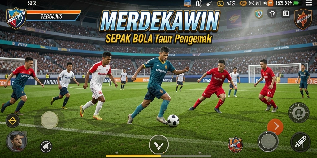 Tangkapan layar utama <strong>MERDEKAWIN</strong> menampilkan aksi seru dalam permainan sepak bola.