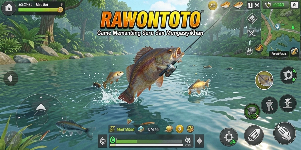Tampilan gameplay seru dari aplikasi RAWONTOTO dengan aksi memancing yang mendebarkan.