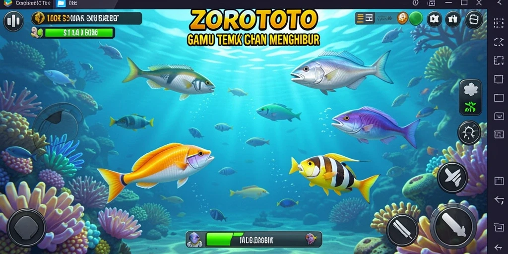 Tangkapan layar menampilkan aksi seru di ZOROTOTO dengan ikan berwarna-warni.